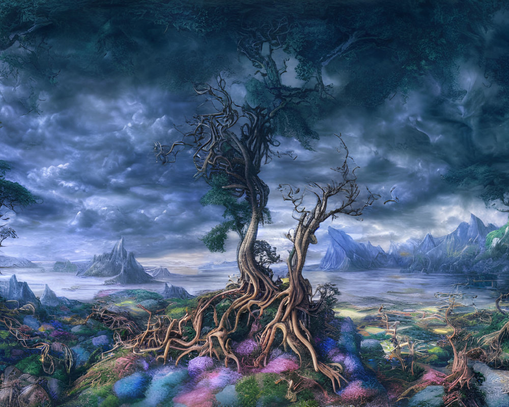Mystical landscape with ancient tree, dramatic sky, mountains, flora, and mist