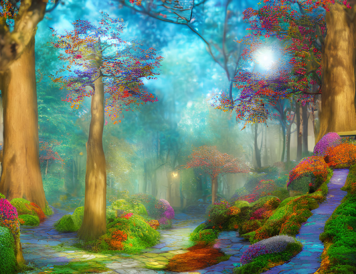 Vibrant colorful trees in mystical forest path