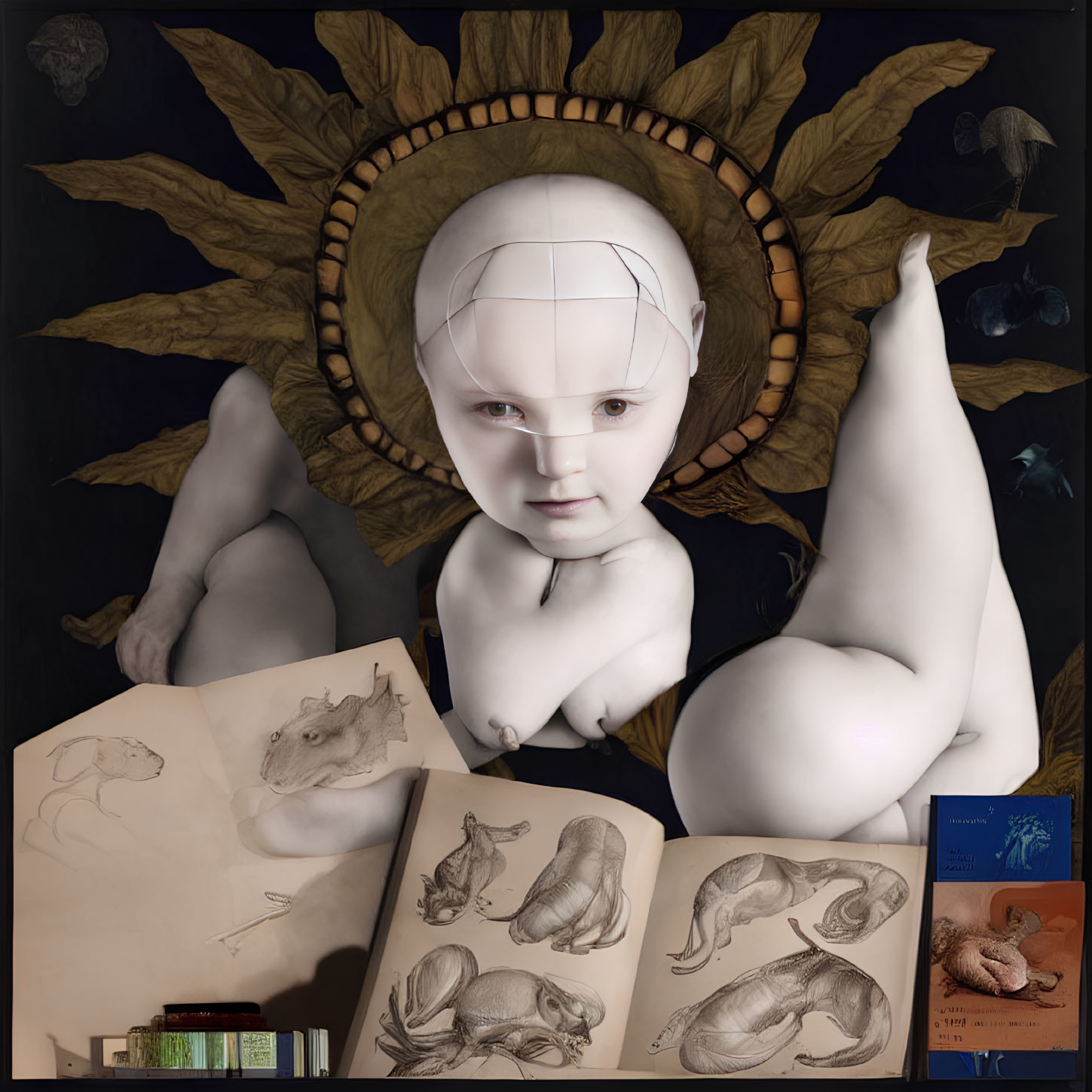 Surreal artwork of pale humanoid with sunflower halo and animal sketches