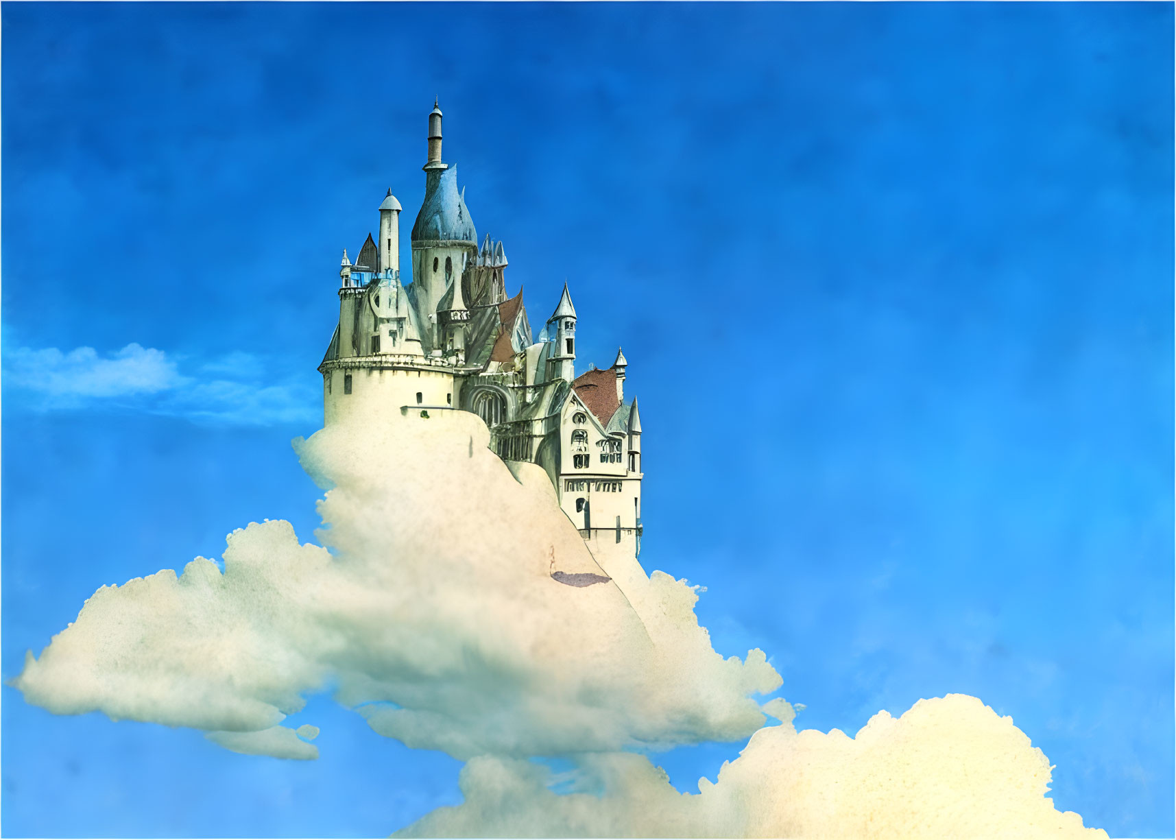 Whimsical fairytale castle in fluffy clouds against blue sky