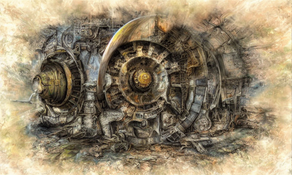 Sepia-toned steampunk mechanical structure with intricate gears.