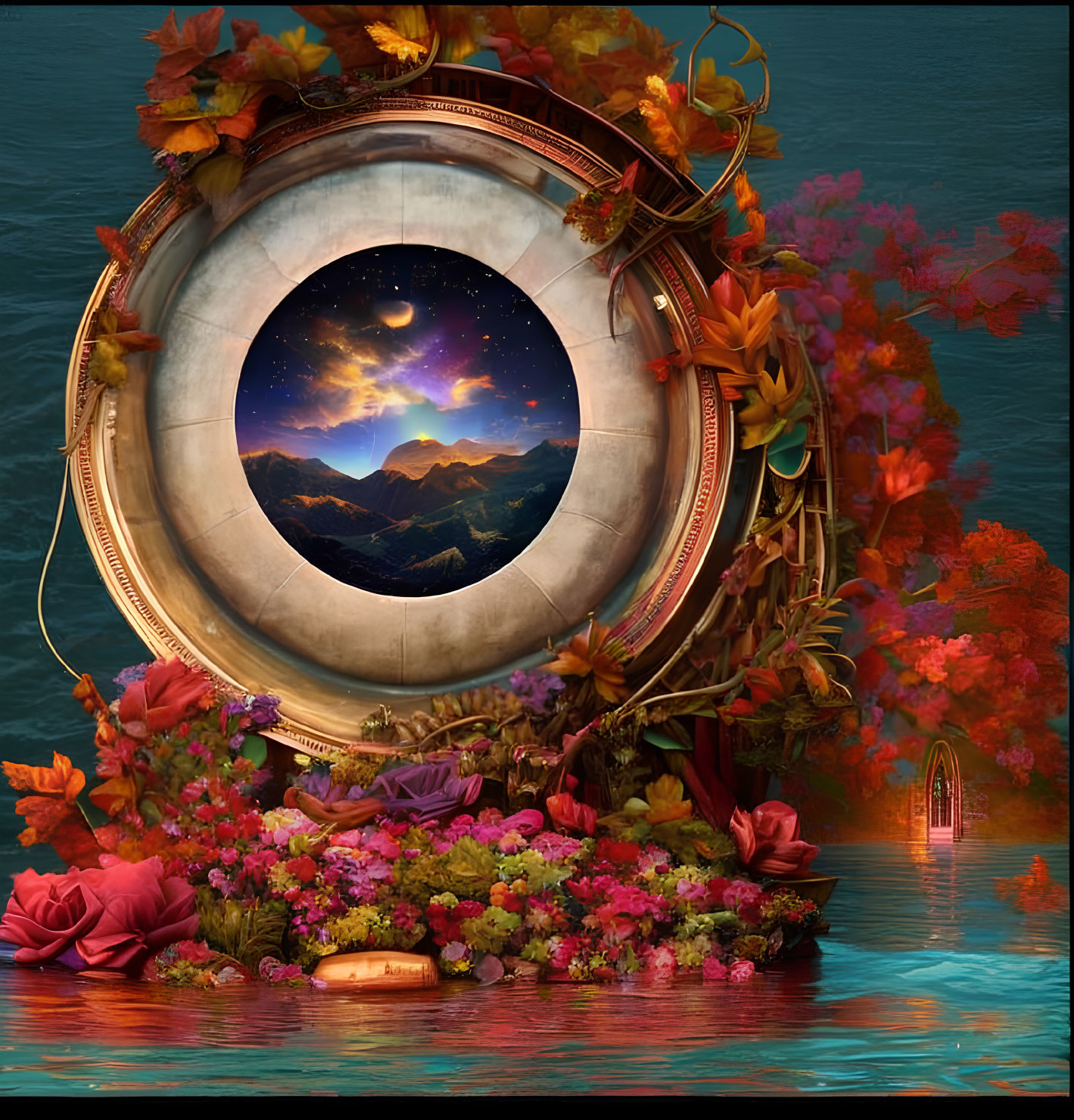 Circular frame of night sky over mountains, surrounded by flowers and foliage with illuminated doorway.