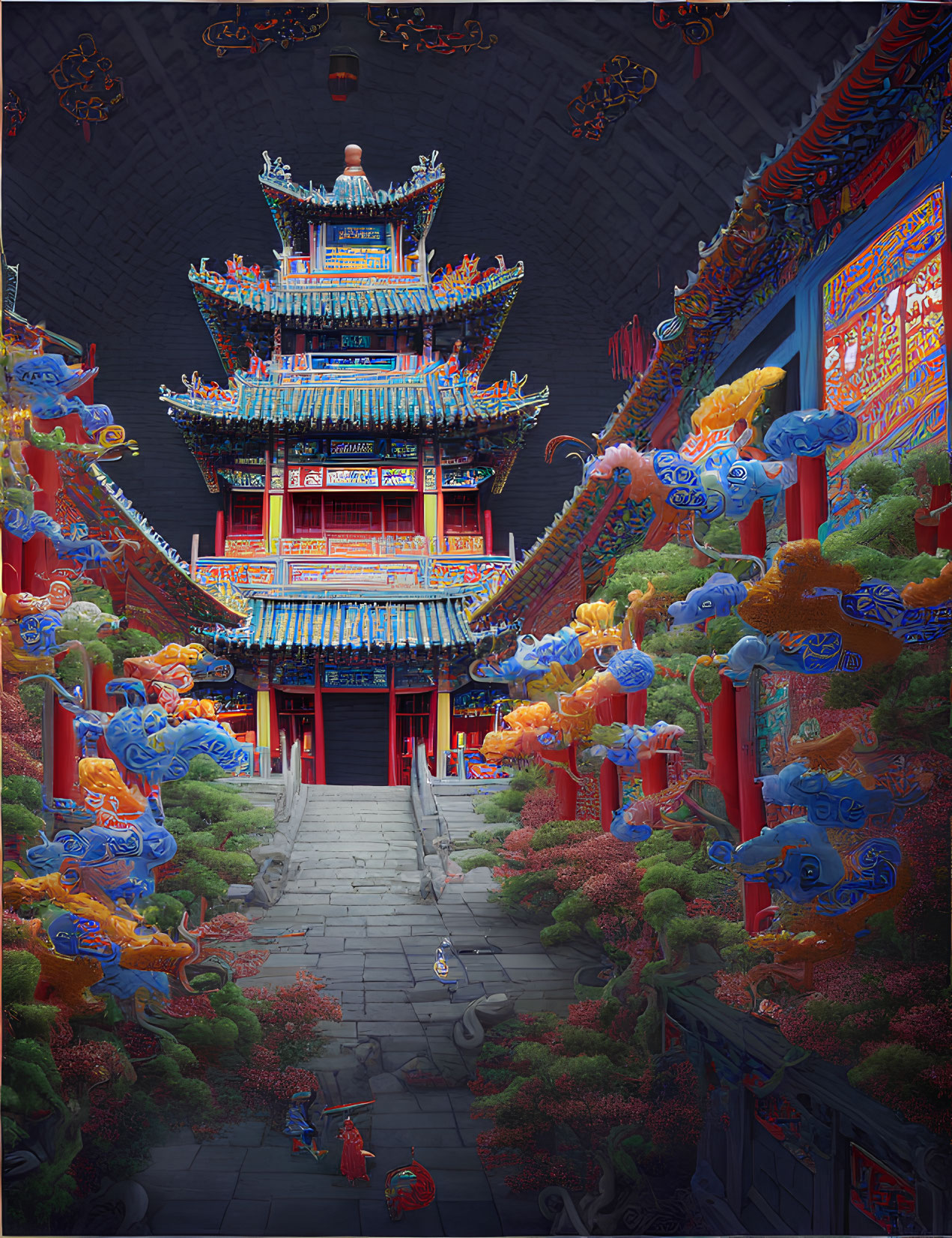 Detailed Chinese Pagoda Illustration with Dragons and Clouds in Vibrant Colors