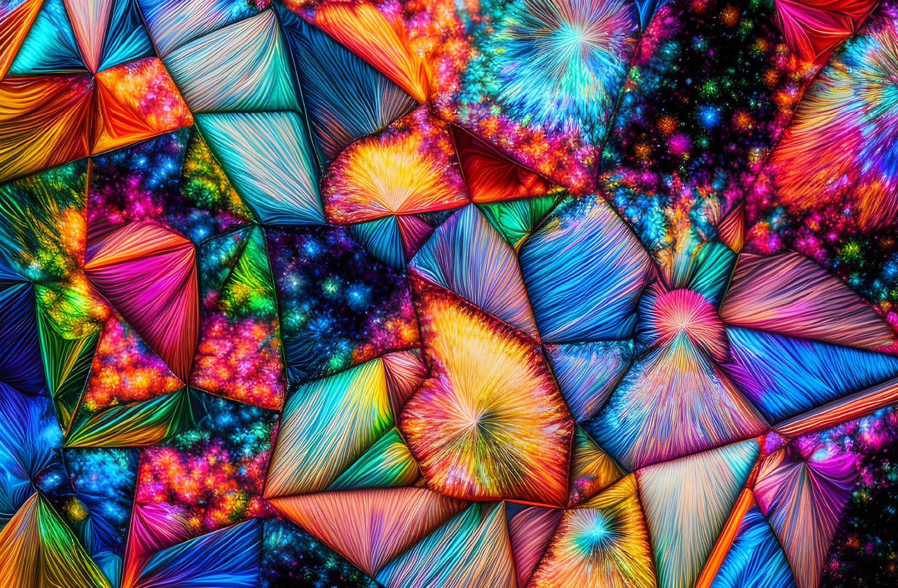 Vivid Abstract Image: Colorful Geometric Crystal Shapes on Starry Background