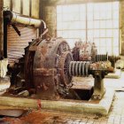 Steampunk-style machine with gears and pipes in steam-filled room