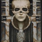 Surreal portrait of woman fused with steampunk machinery