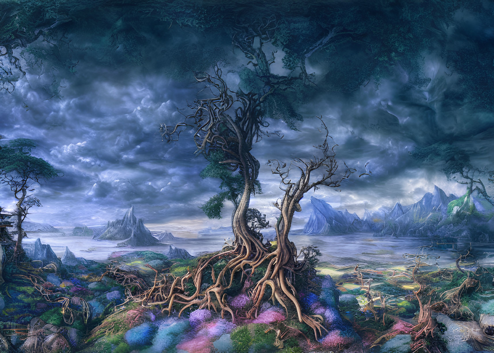 Mystical landscape with ancient tree, dramatic sky, mountains, flora, and mist