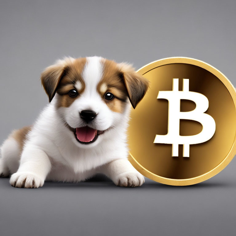 Adorable puppy with large Bitcoin coin symbolizes pets and cryptocurrency