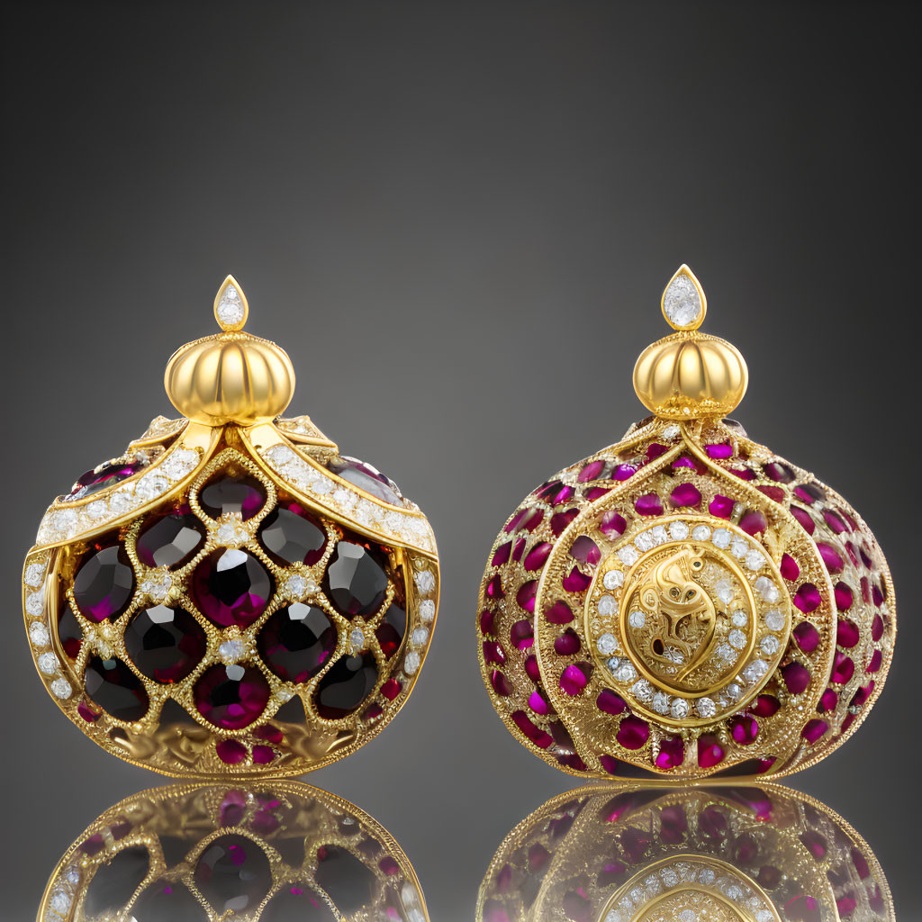 Luxurious Golden Perfume Bottles with Diamonds and Rubies on Reflective Surface
