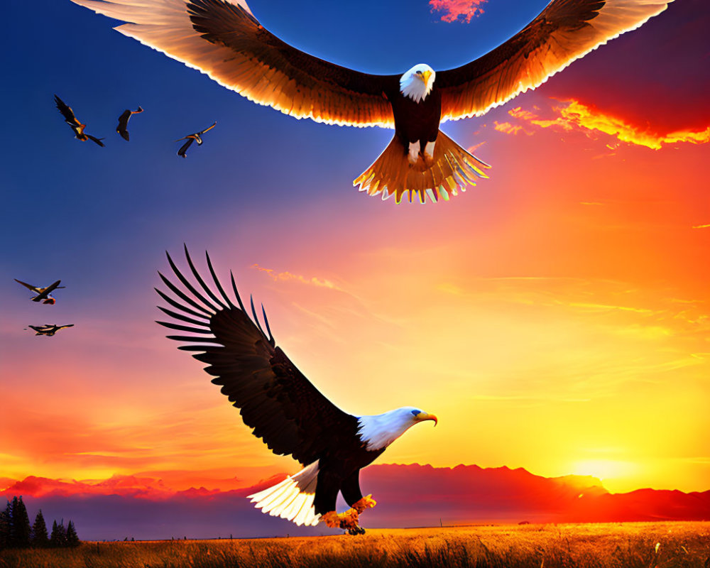 Two eagles soaring in vibrant sunset sky over open field with distant trees