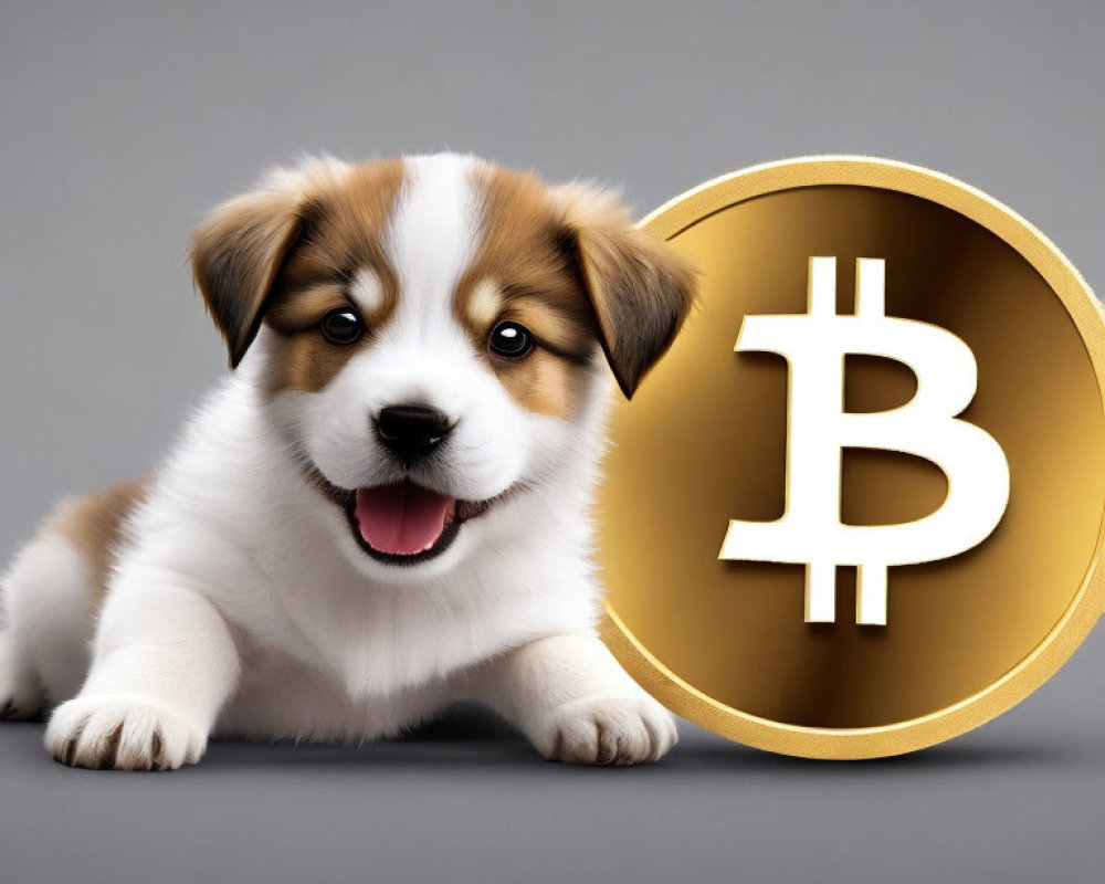 Adorable puppy with large Bitcoin coin symbolizes pets and cryptocurrency