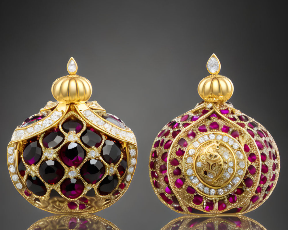 Luxurious Golden Perfume Bottles with Diamonds and Rubies on Reflective Surface