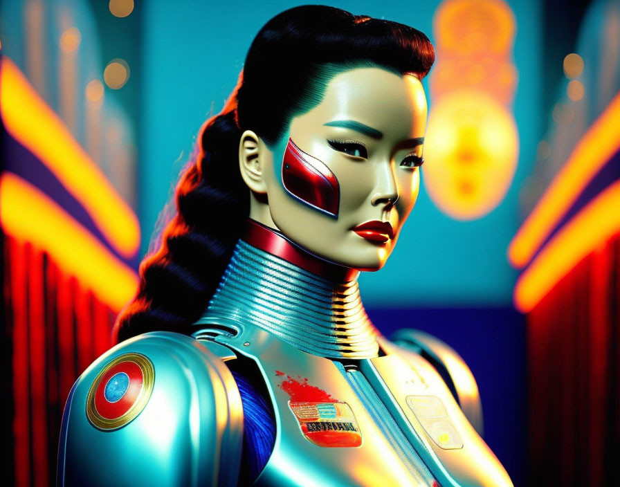 Futuristic Female Robot with Metallic Skin and Red Asian-Inspired Makeup