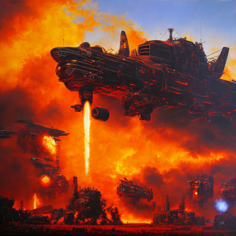 Sci-fi scene: Massive flying warships unleash fiery destruction on burning landscape