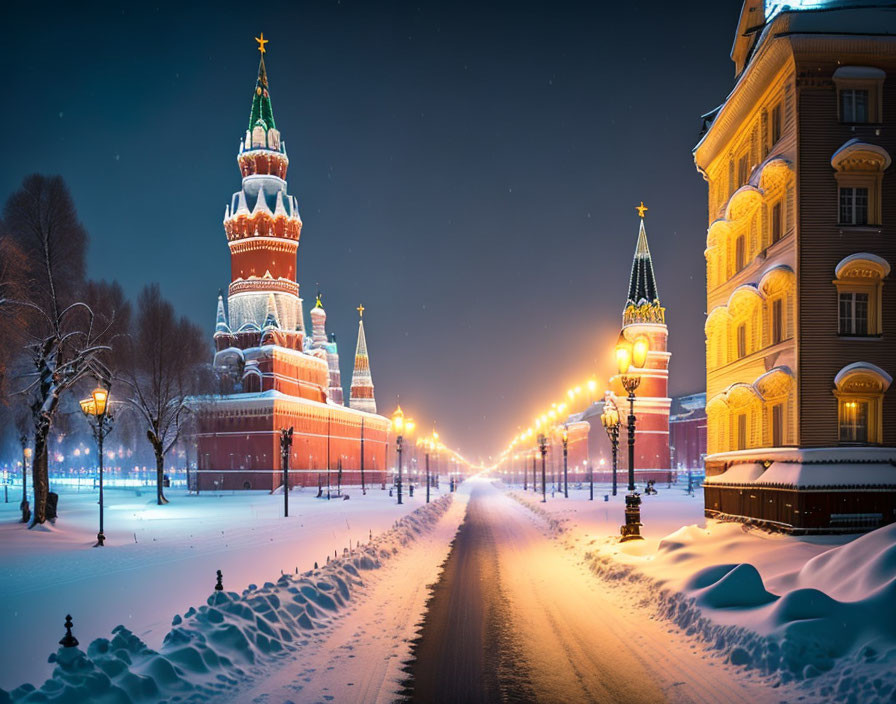 Snowy Evening View of Illuminated Street Leading to Kremlin