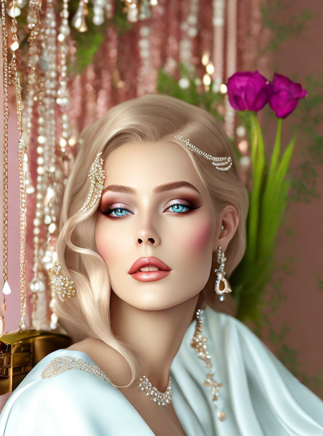 Digital artwork of woman with blue eyes, jewelry, pink backdrop, beads, and purple flower