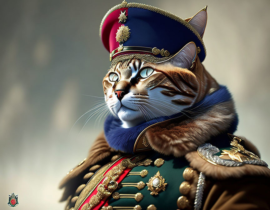 Cat in military uniform with medals on blurred background