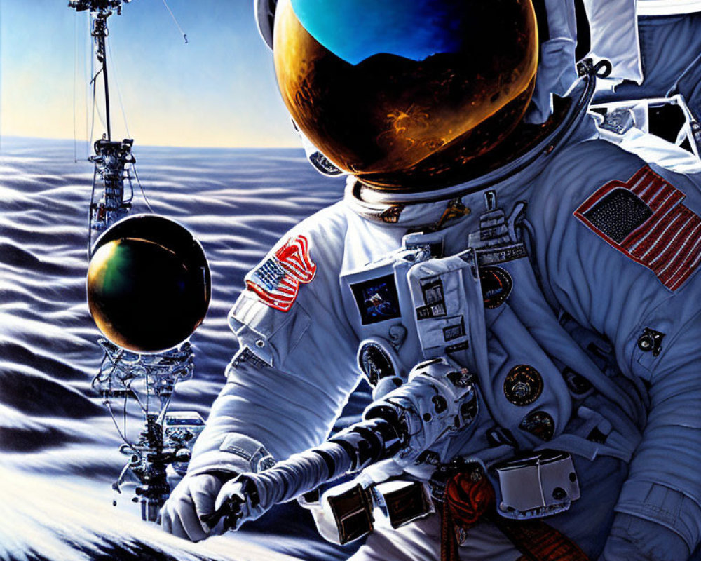 Astronaut in white spacesuit on lunar surface with Earth reflection.