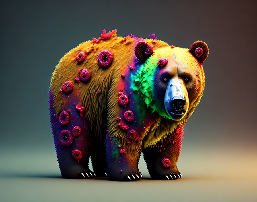 Vibrant Floral and Moss Patterned Bear Illustration