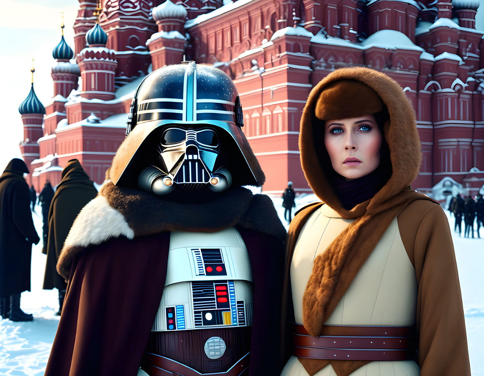 Detailed Darth Vader costume next to person in winter coat with snowy Russian landmark
