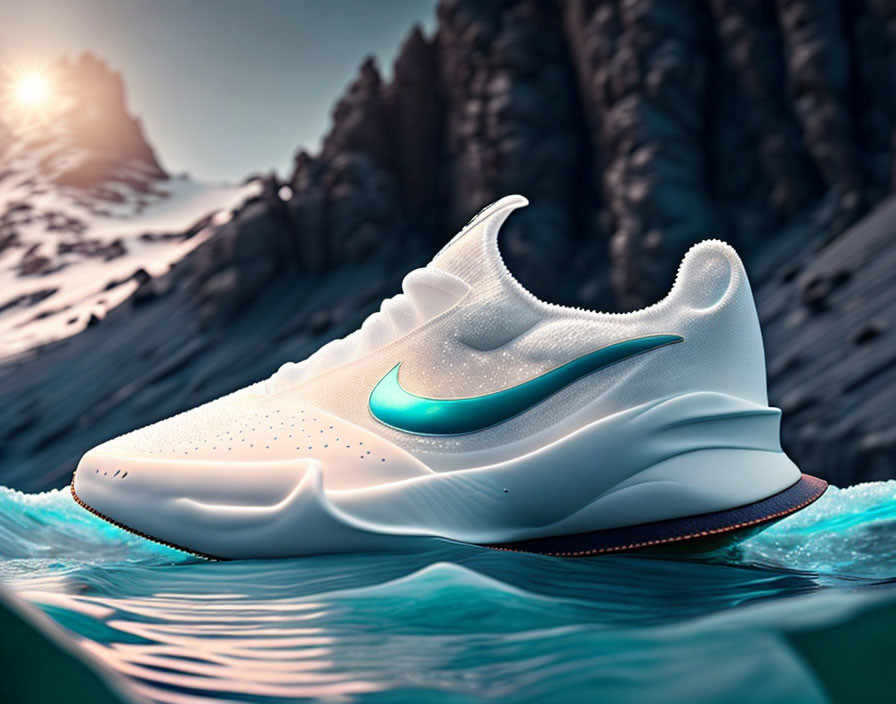 White Sneaker with Teal Swoosh Floating Over Water and Snowy Mountains