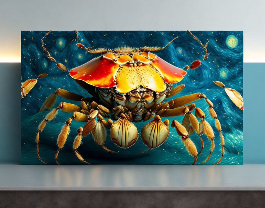 Colorful Crab Wall Art with Abstract Blue Background & Minimalistic Shelf