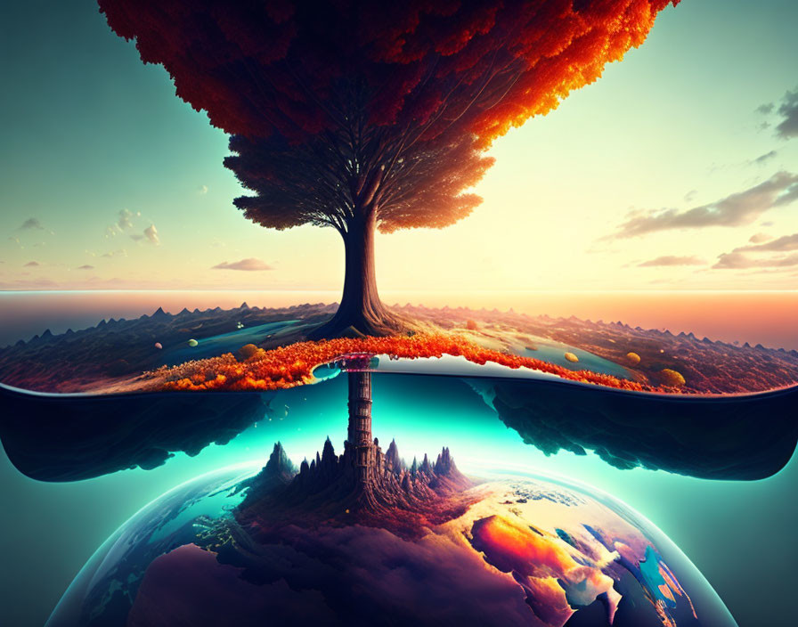 Surreal landscape with giant autumn tree on floating island above globe