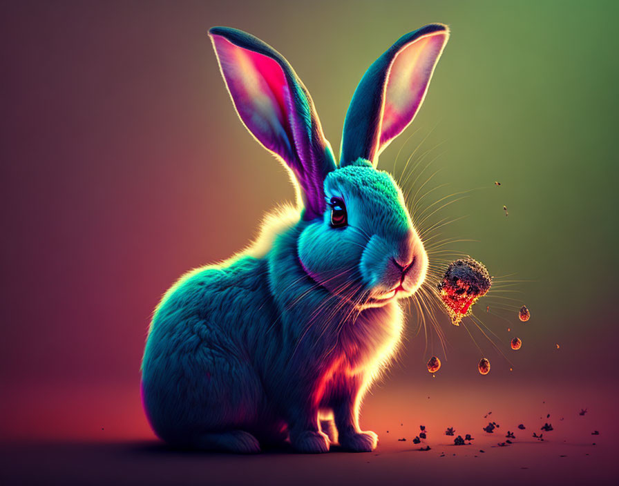 Vibrant neon-lit rabbit sniffling with shimmering droplets.