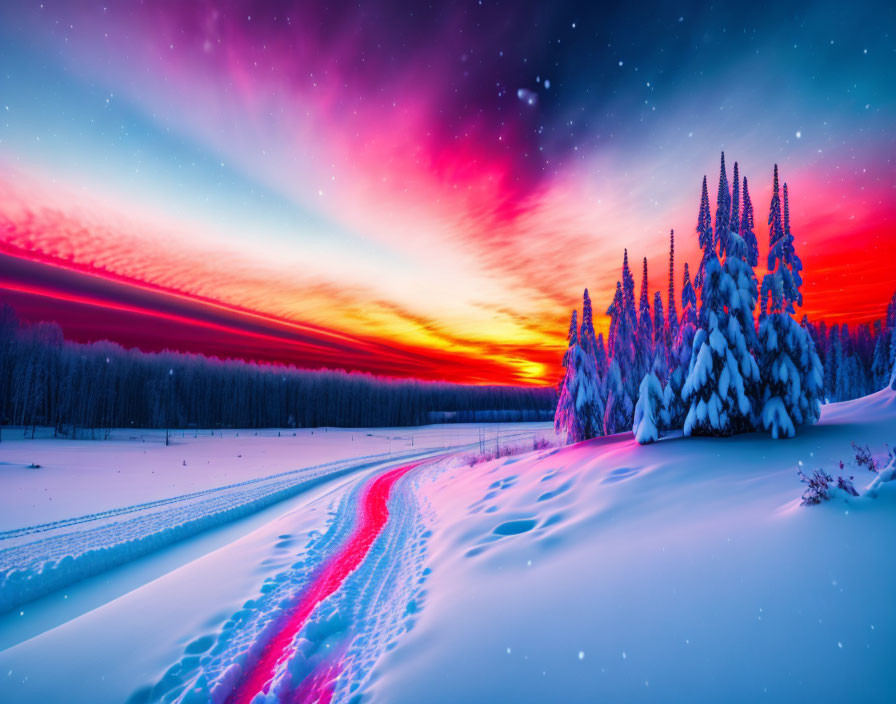 Vivid Winter Sunrise Over Snow-Covered Forest