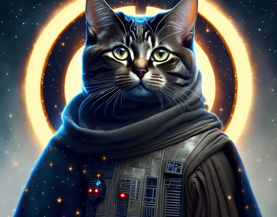 Cat in sci-fi outfit on cosmic background with glowing ring & stars