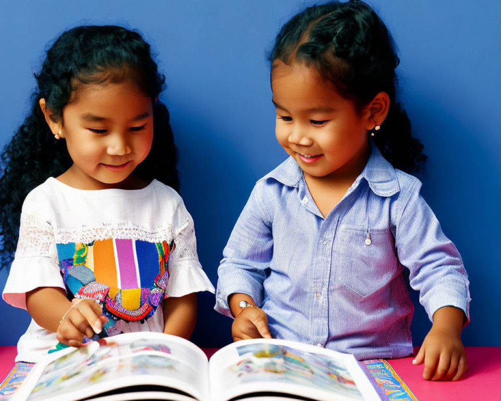 Young girls smiling at open book on blue background