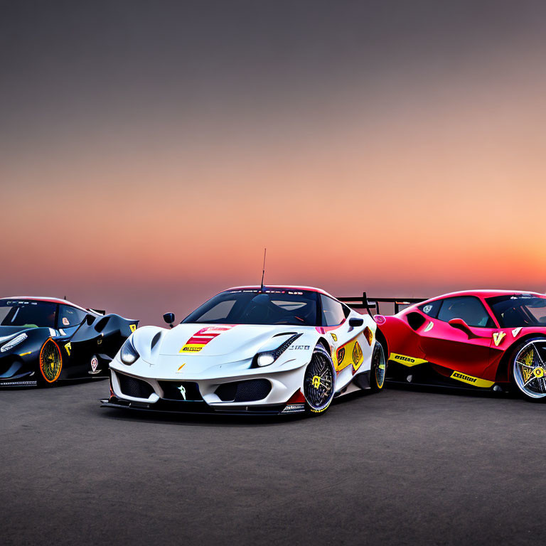 High-Performance Cars Racing at Sunset with Vibrant Skies