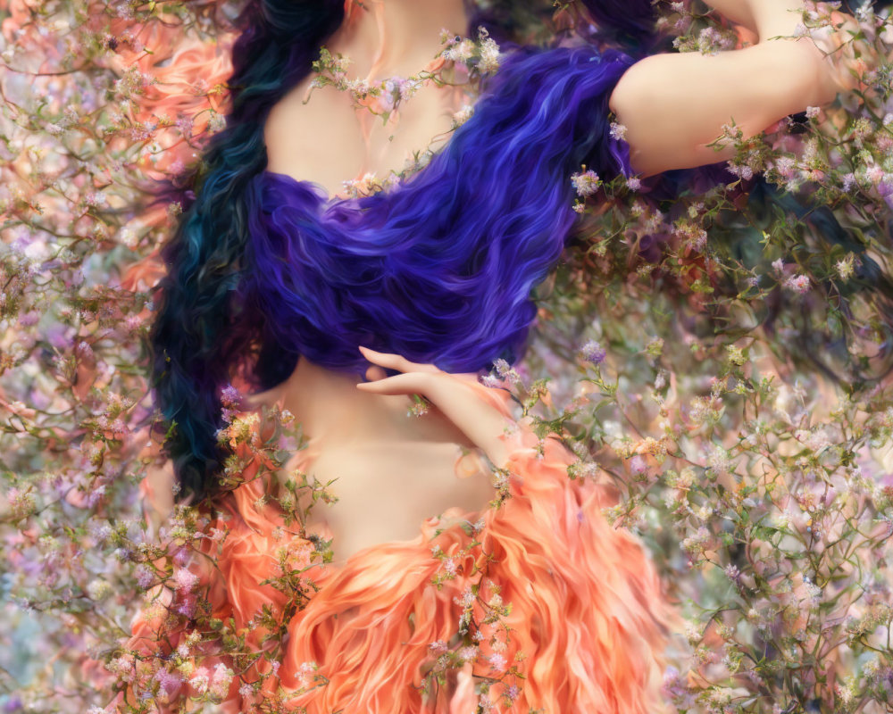 Colorful-haired woman in floral attire posing among blossoming branches