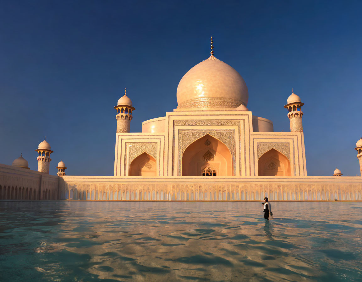Majestic Taj Mahal at sunset with glowing white marble facade