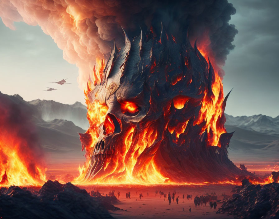 Gigantic demonic skull engulfed in flames dominates scorched landscape.