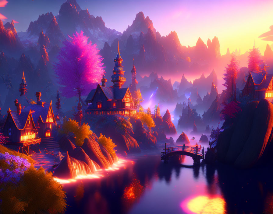 Colorful fantasy landscape with traditional houses, purple tree, mountains, and calm river at dusk