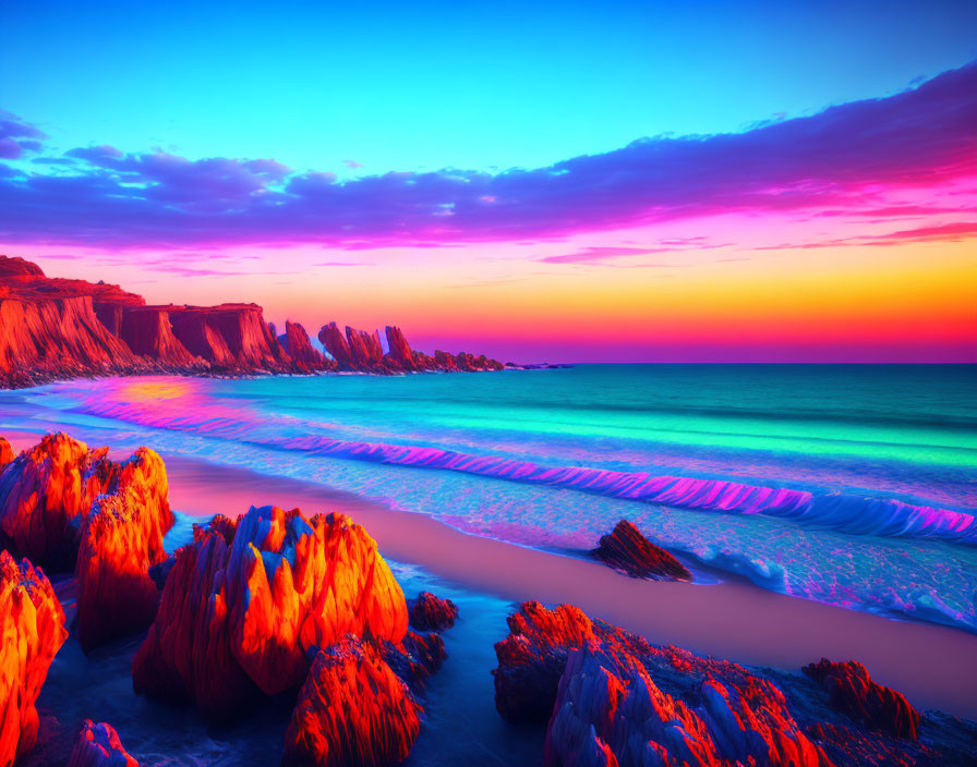 Colorful cliffs and dynamic waves at sunset beach