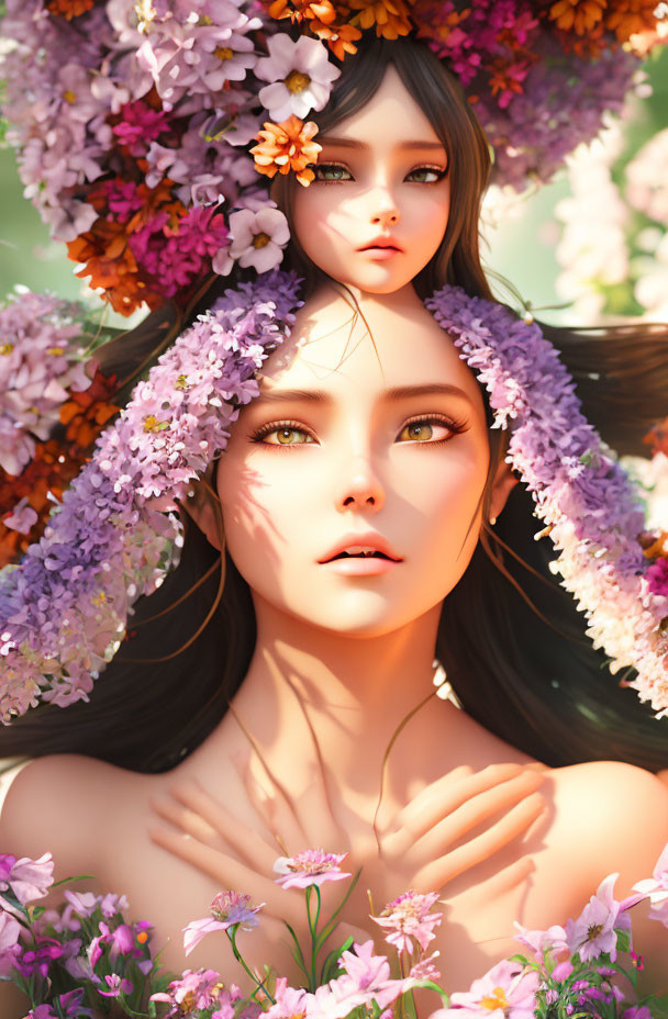 Vibrant illustration of woman with expressive eyes and colorful flowers