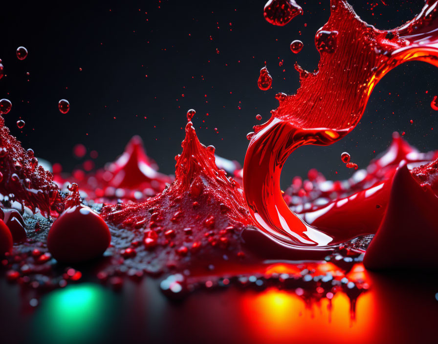 Vibrant red liquid splash with suspended droplets on dark background
