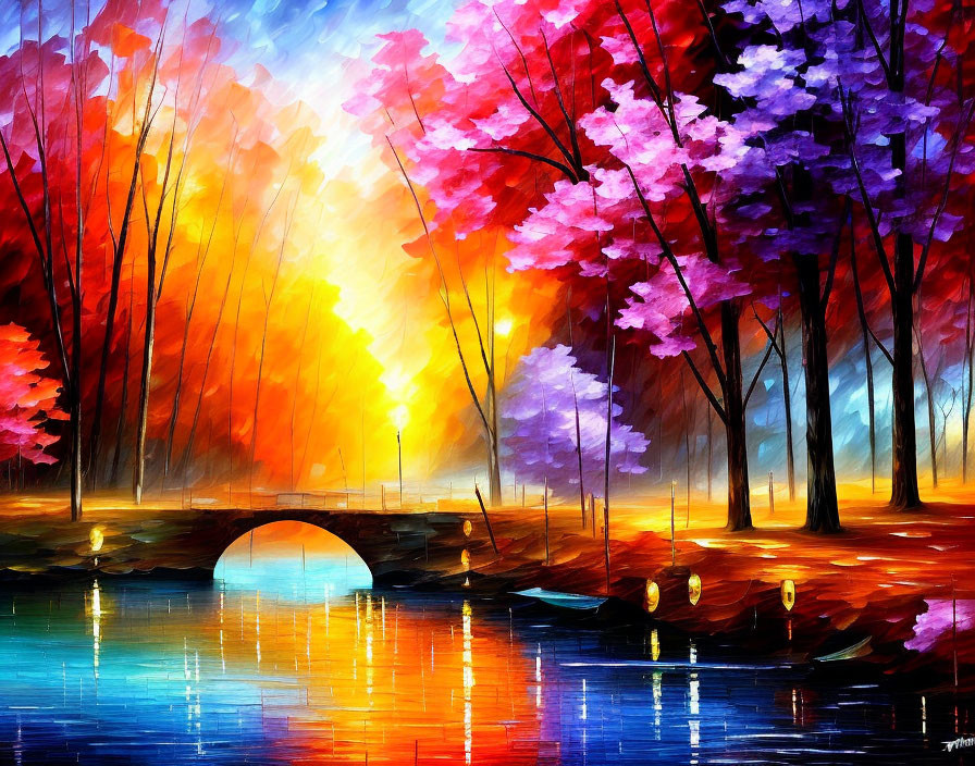 Vibrant autumn forest painting with calm river and bridge