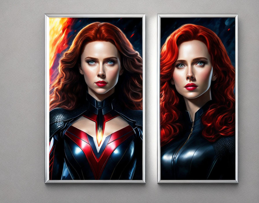 Framed Digital Art: Female Character with Red Hair in Superhero Costume