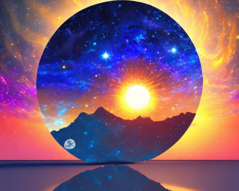 Surreal landscape with celestial sphere, starry sky, sun, mountains, calm waters, vibrant