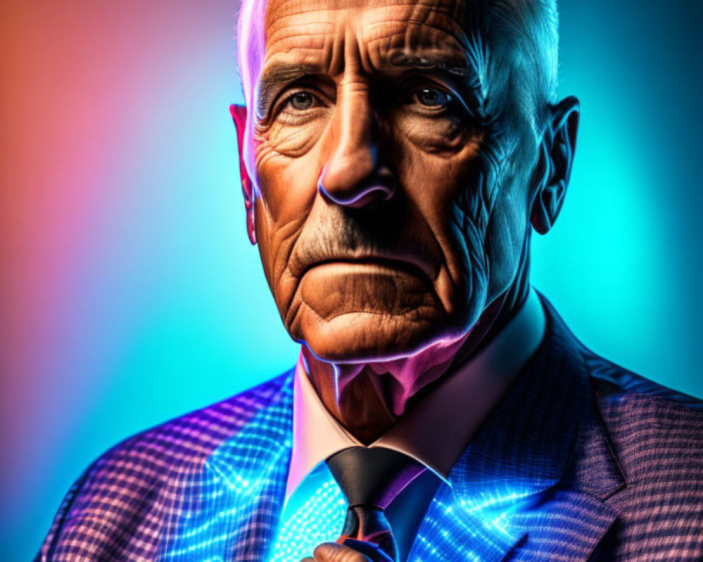 Elderly man adjusting tie with gray hair under blue and orange lighting