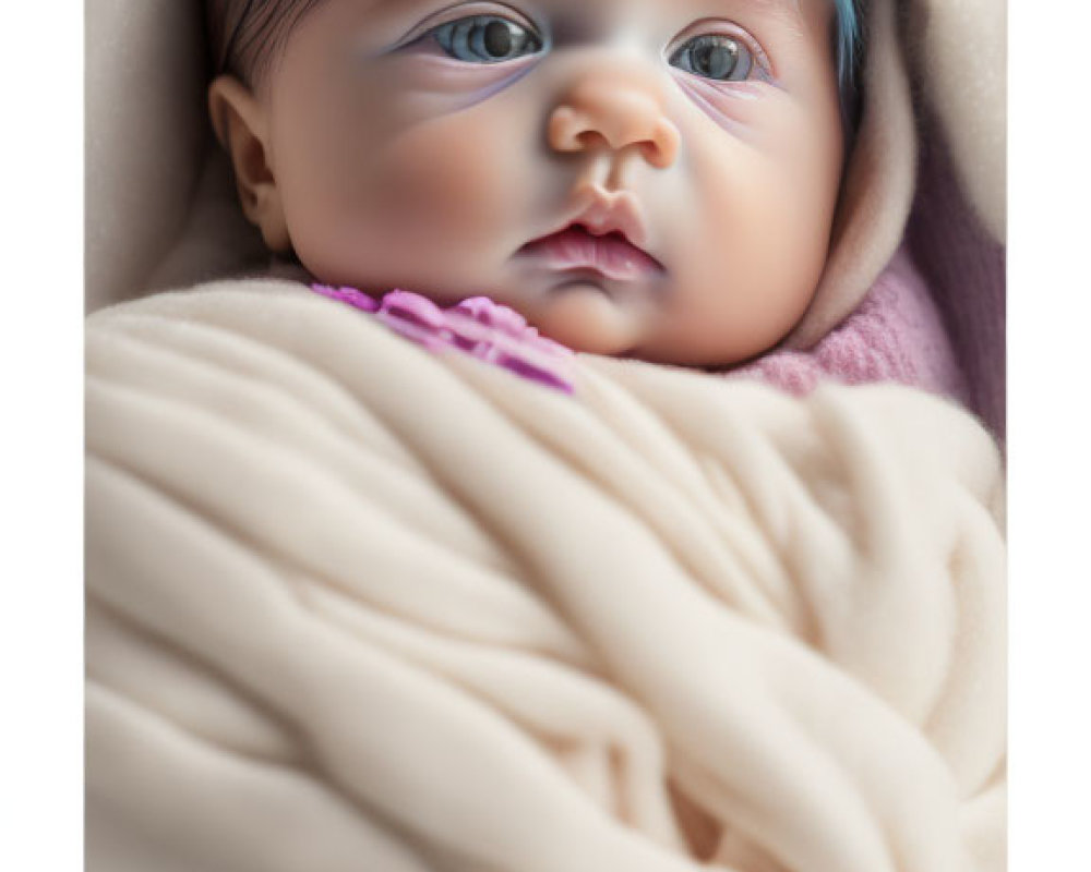 Dark-haired infant in cream swaddle with hood and ears - wide-eyed and pinkish.