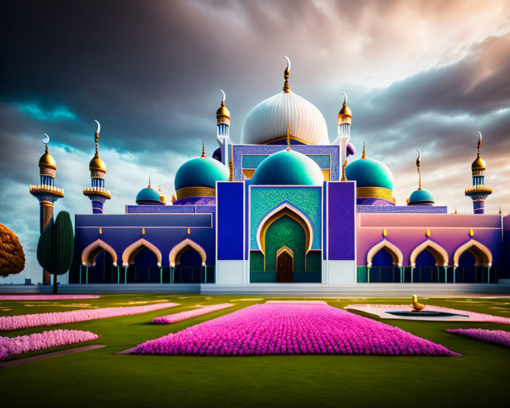 Colorful mosque with golden domes and minarets under dramatic sky