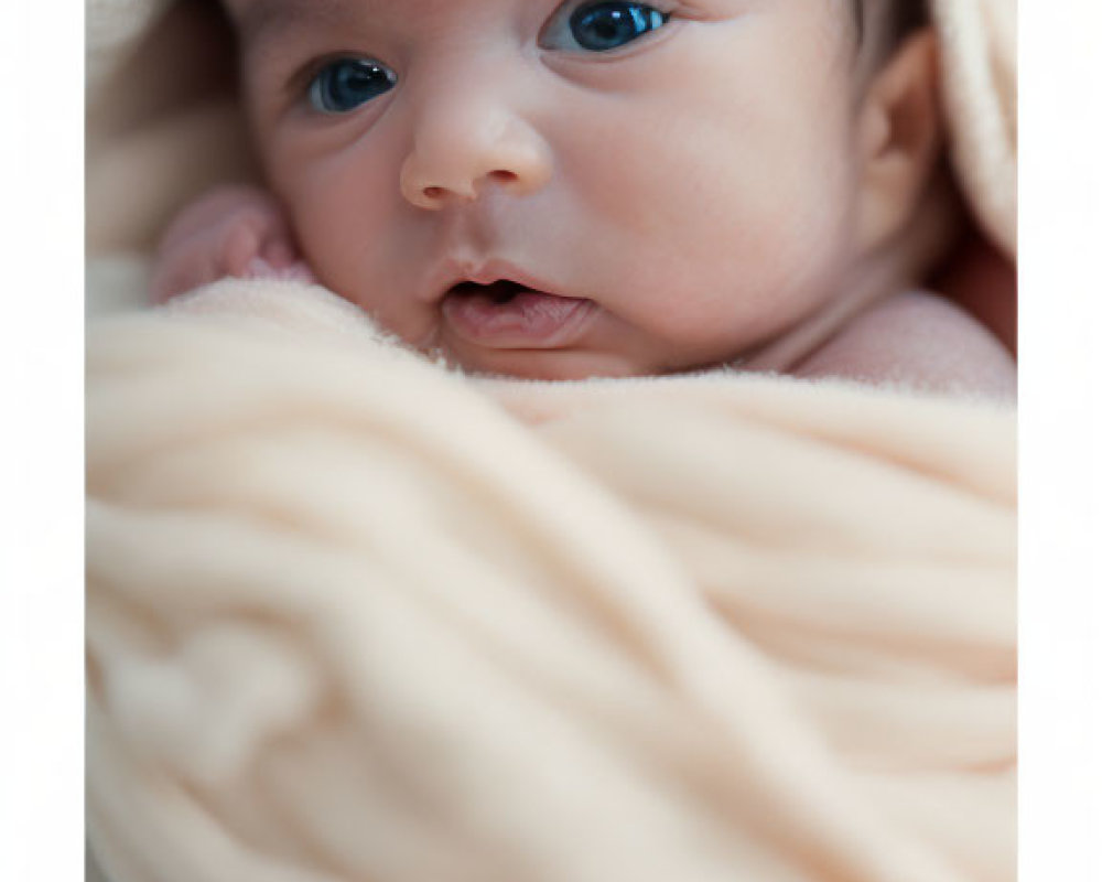 Newborn baby with dark hair in peach blanket and cream hat gazes wide-eyed