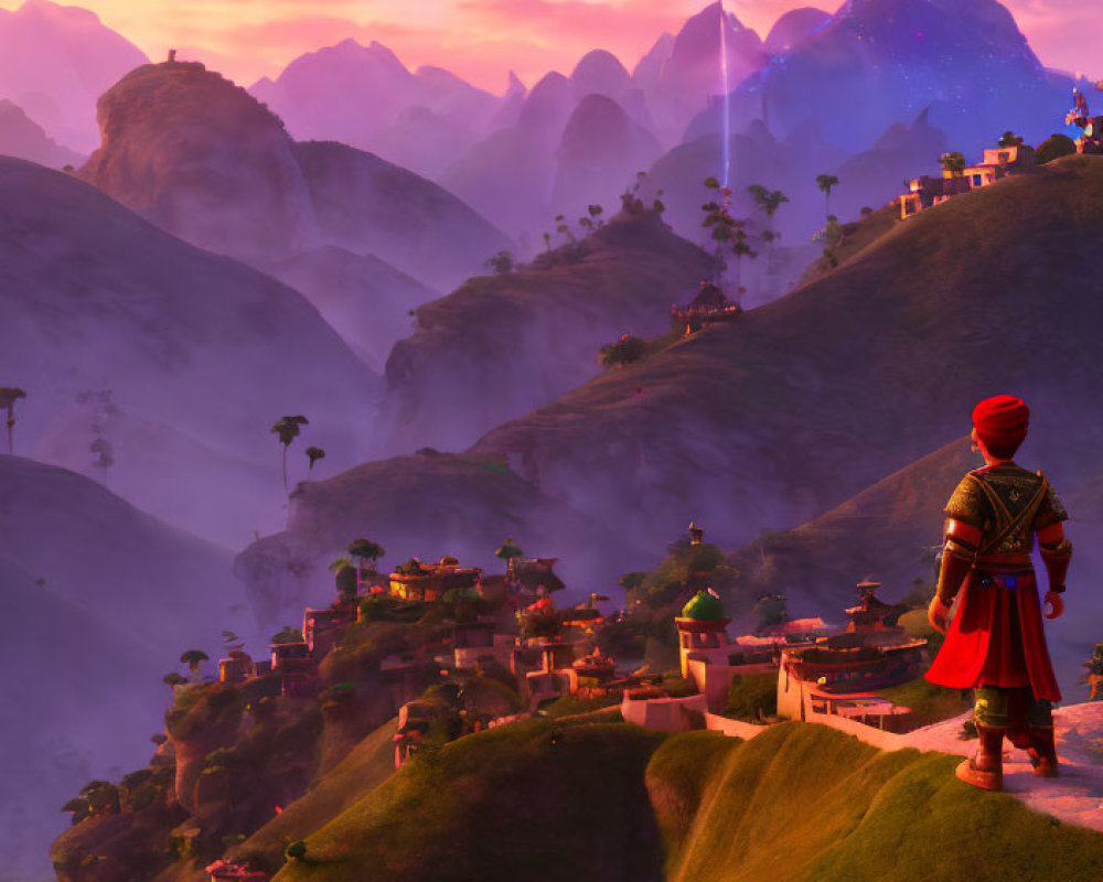 Vibrant sunset landscape with figure in red and terraced villages