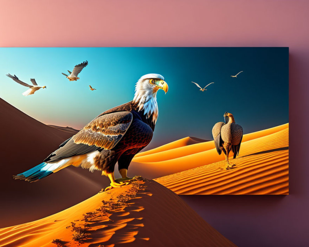 Digital composition of bald eagle and falcon on dune at sunset