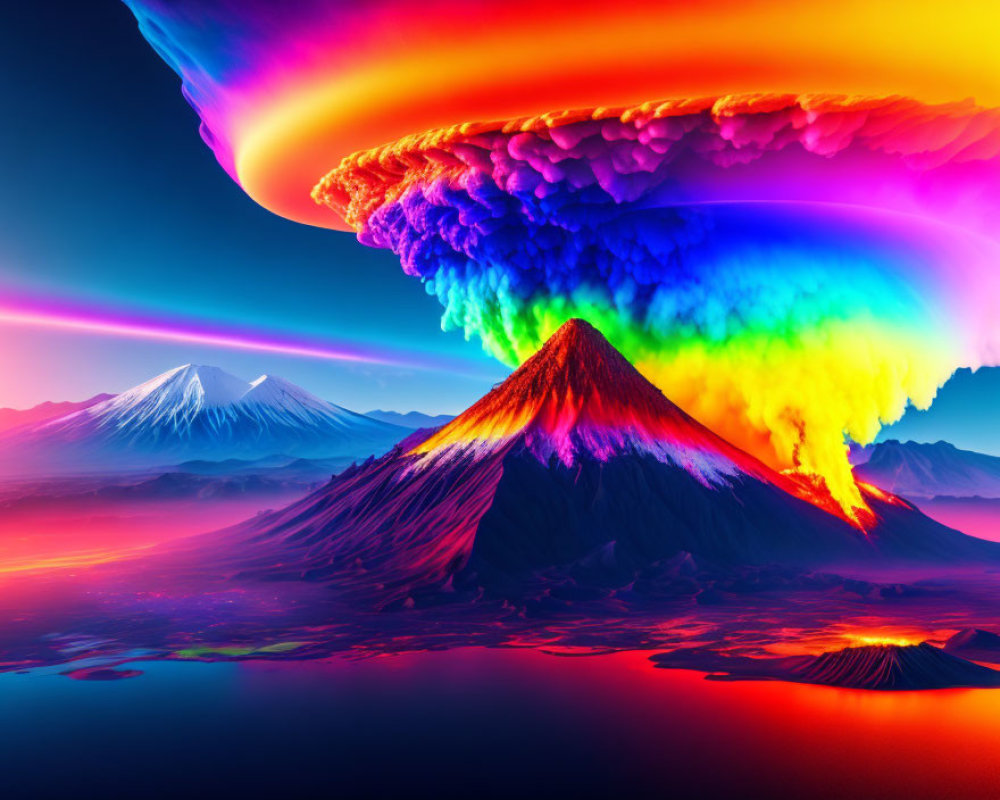 Digital artwork of volcanic eruption with colorful cloud formation