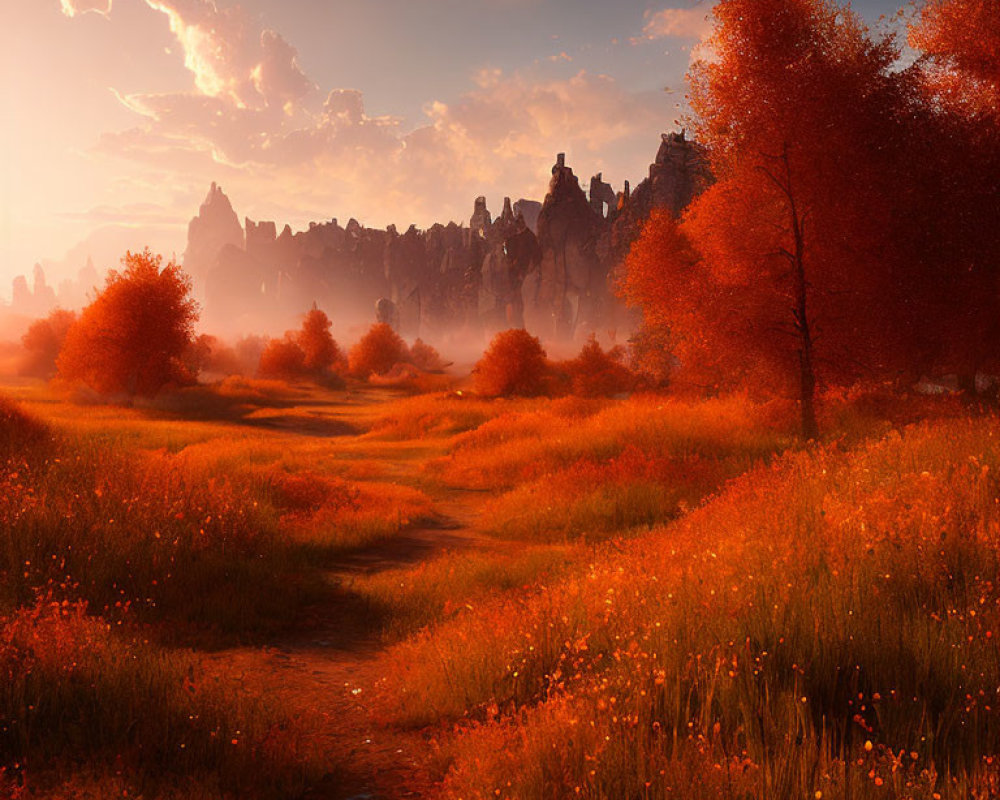 Golden meadow and red trees in serene autumn scene